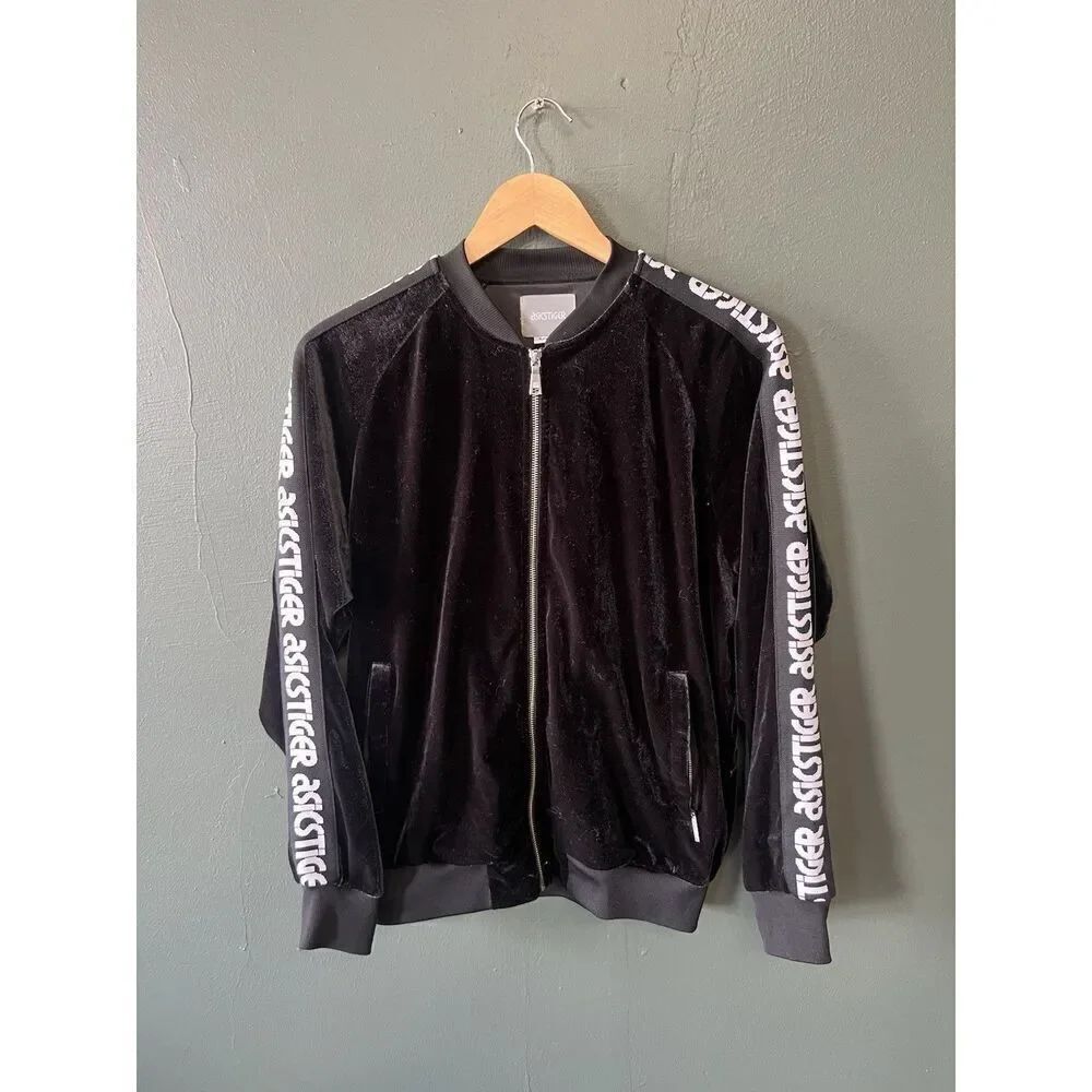 Asics Tiger Black & White Velour Full Zip Track Jacket Retro Logo Stripes Size S